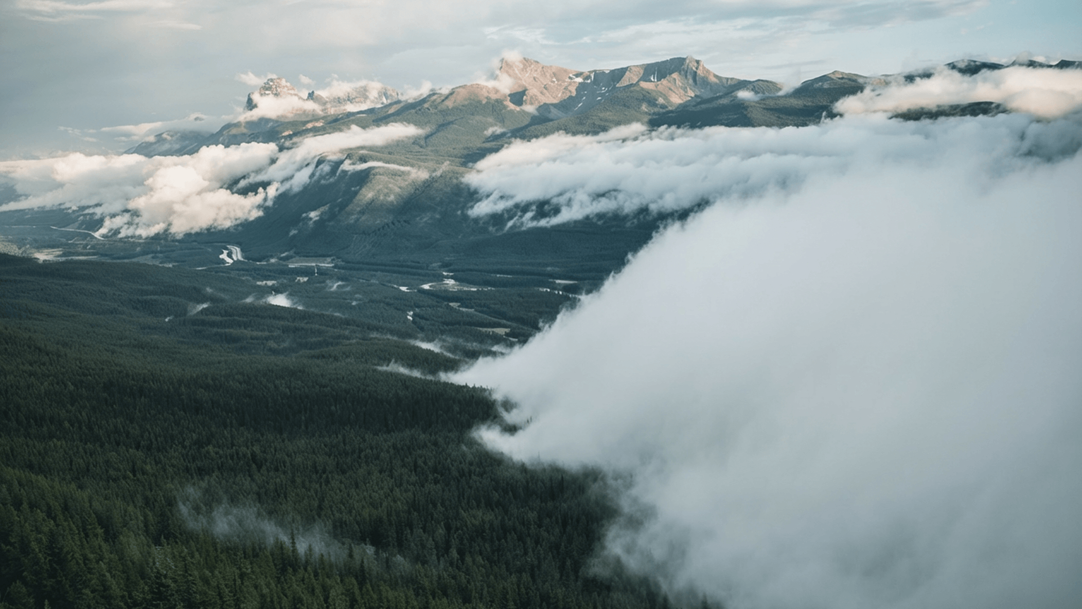 Mountain landscape in Southern Germany with fog and forests